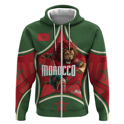 Personalized Morocco Football Atlas Lion Zip Hoodie Moroccan Star National Flag