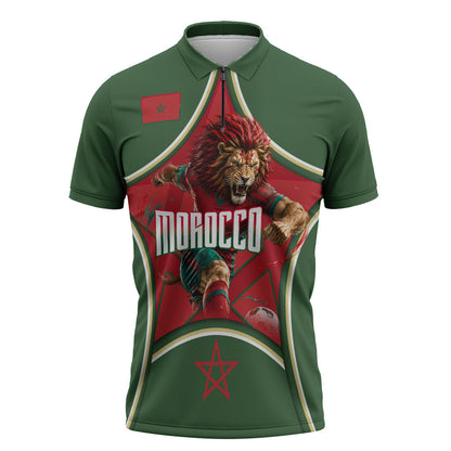 Personalized Morocco Football Atlas Lion Zipper Polo Shirt Moroccan Star National Flag