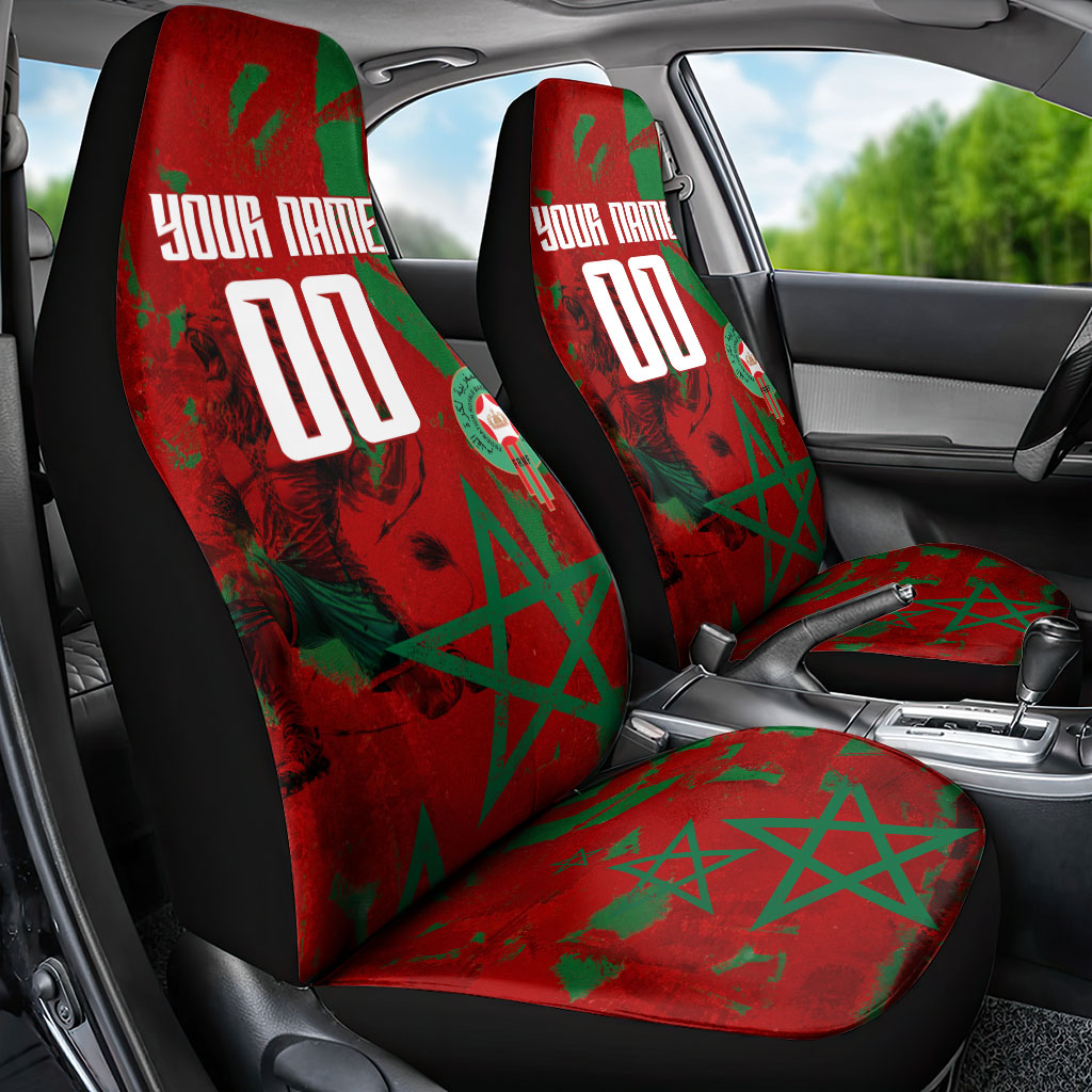 Personalized Morocco Football Car Seat Cover Atlas Lion Grunge Star Mascot
