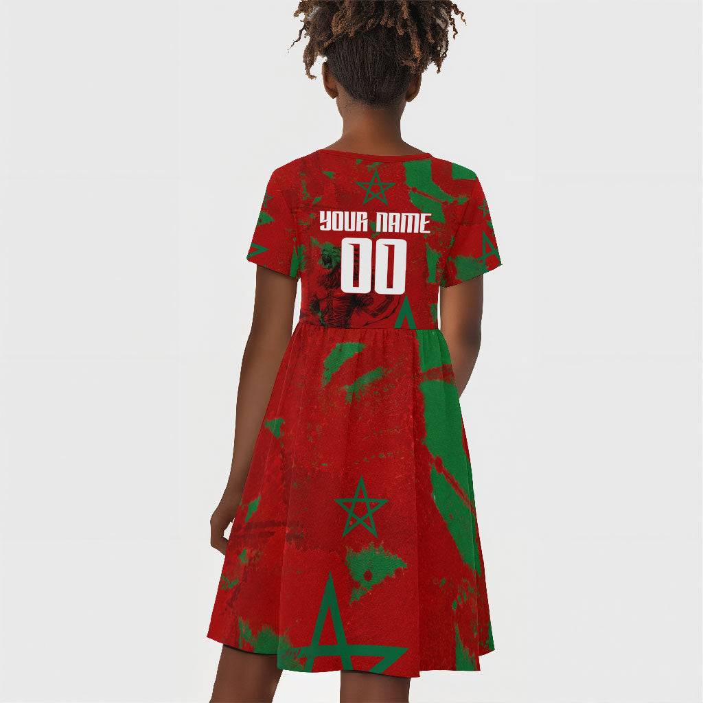Personalized Morocco Football Kid Short Sleeve Dress Atlas Lion Grunge Star Mascot