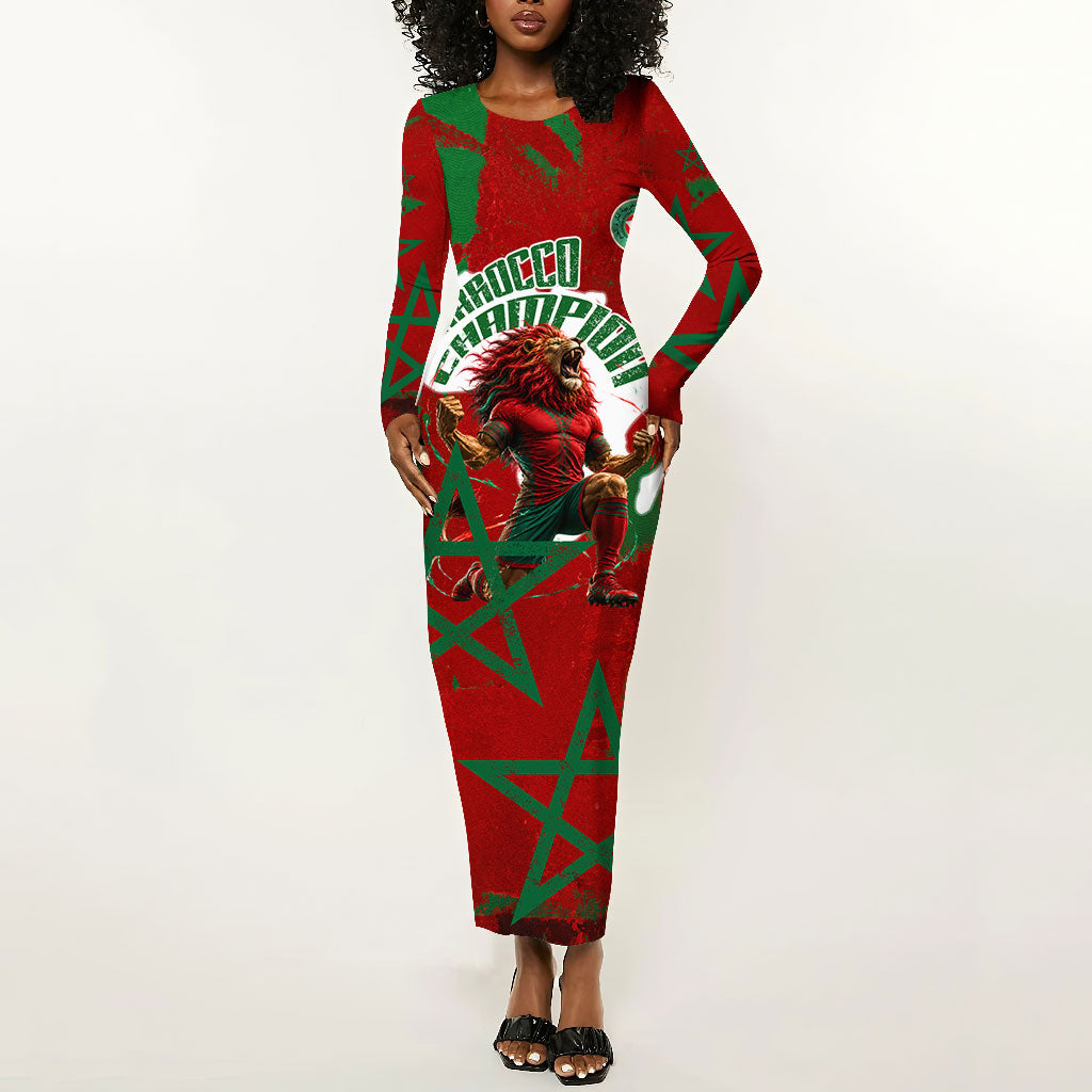 Personalized Morocco Football Long Sleeve Bodycon Dress Atlas Lion Grunge Star Mascot