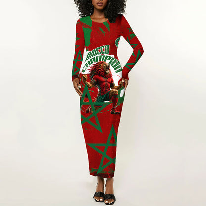 Personalized Morocco Football Long Sleeve Bodycon Dress Atlas Lion Grunge Star Mascot