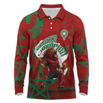 Personalized Morocco Football Long Sleeve Polo Shirt Atlas Lion Grunge Star Mascot