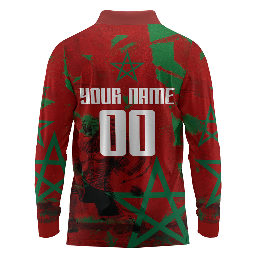 Personalized Morocco Football Long Sleeve Polo Shirt Atlas Lion Grunge Star Mascot