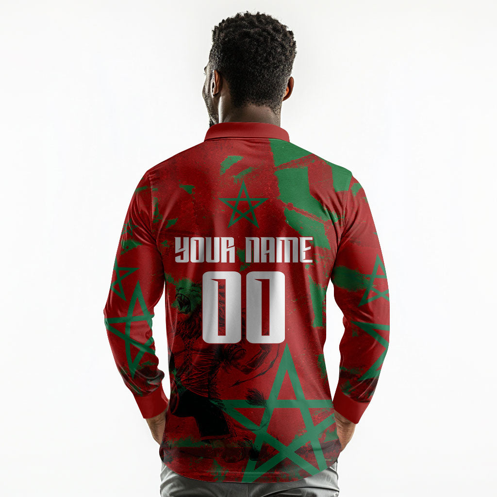 Personalized Morocco Football Long Sleeve Polo Shirt Atlas Lion Grunge Star Mascot