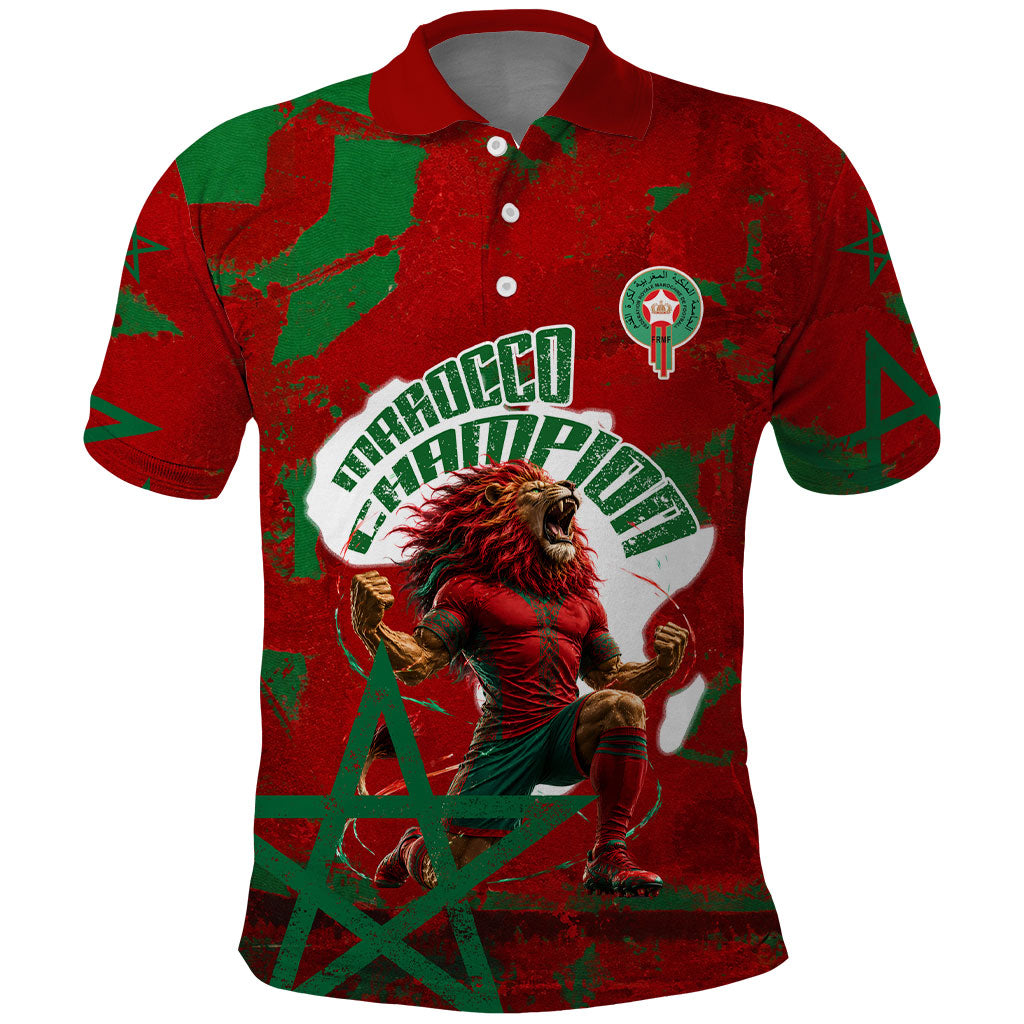 Personalized Morocco Football Polo Shirt Atlas Lion Grunge Star Mascot