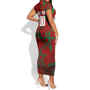 Personalized Morocco Football Short Sleeve Bodycon Dress Atlas Lion Grunge Star Mascot