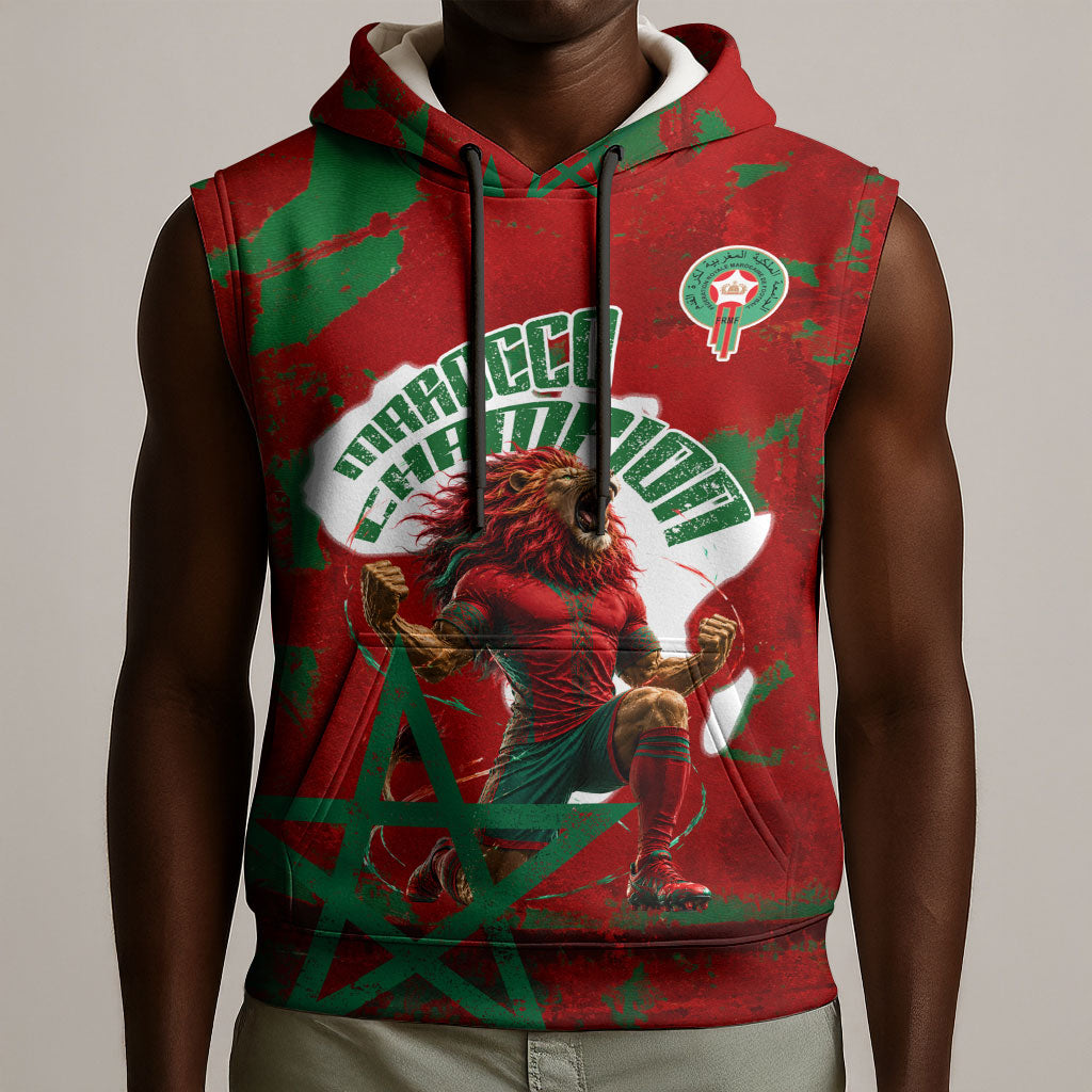 Personalized Morocco Football Sleeveless Hoodie Atlas Lion Grunge Star Mascot