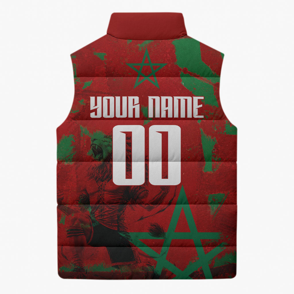 Personalized Morocco Football Sleeveless Puffer Jacket Atlas Lion Grunge Star Mascot