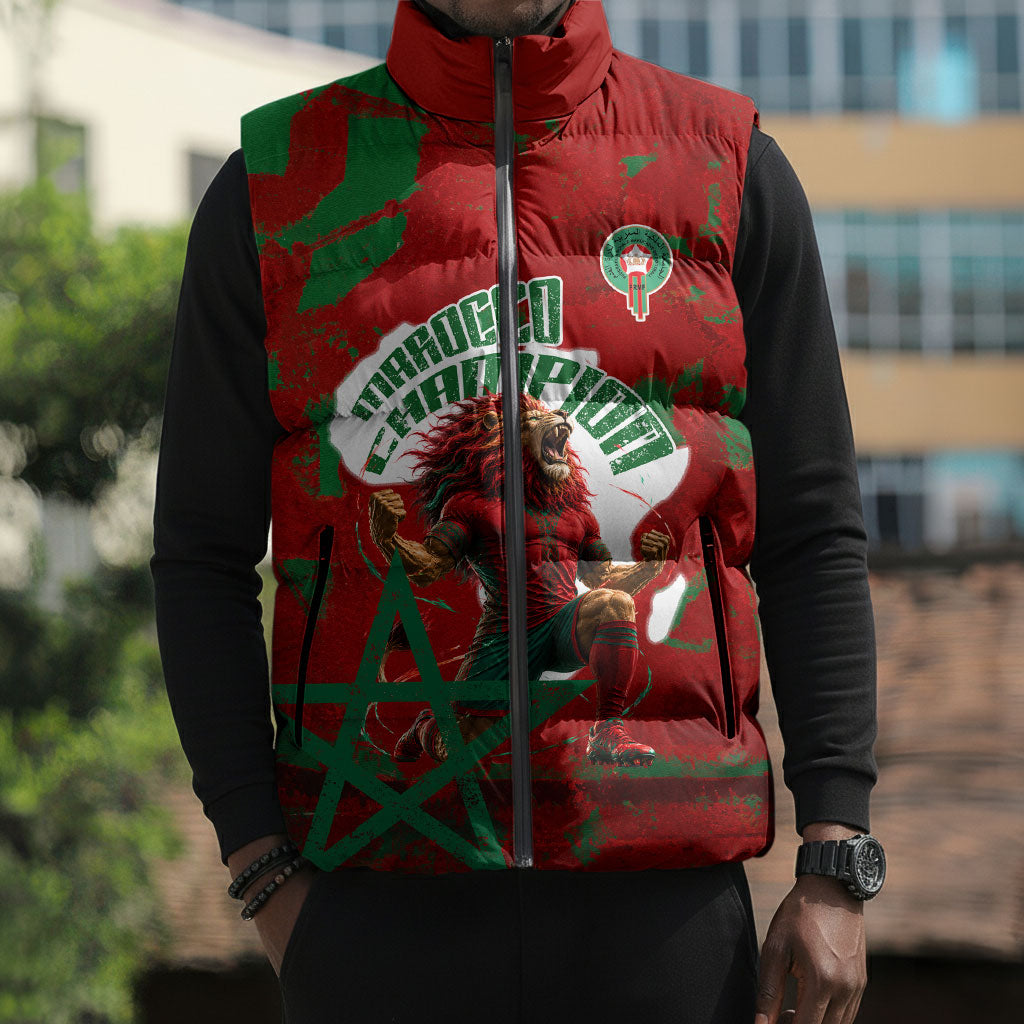 Personalized Morocco Football Sleeveless Puffer Jacket Atlas Lion Grunge Star Mascot