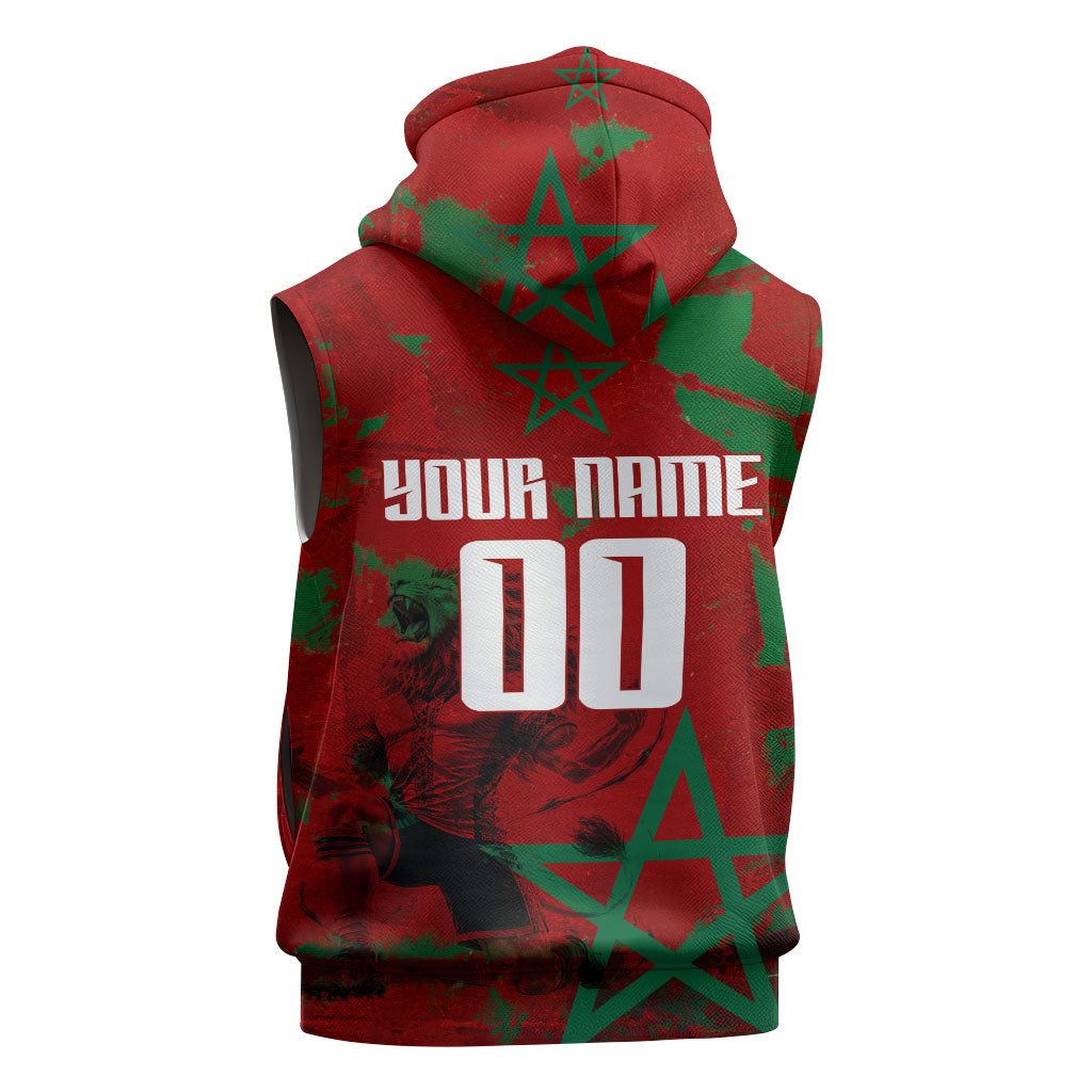 Personalized Morocco Football Sleeveless Zip Hoodie Atlas Lion Grunge Star Mascot