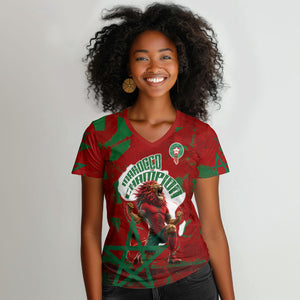 Personalized Morocco Football Women V-Neck T-Shirt Atlas Lion Grunge Star Mascot
