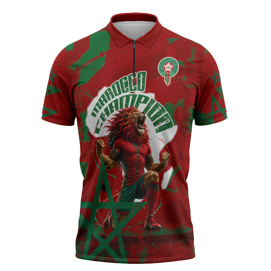 Personalized Morocco Football Zipper Polo Shirt Atlas Lion Grunge Star Mascot
