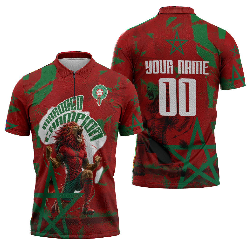 Personalized Morocco Football Zipper Polo Shirt Atlas Lion Grunge Star Mascot