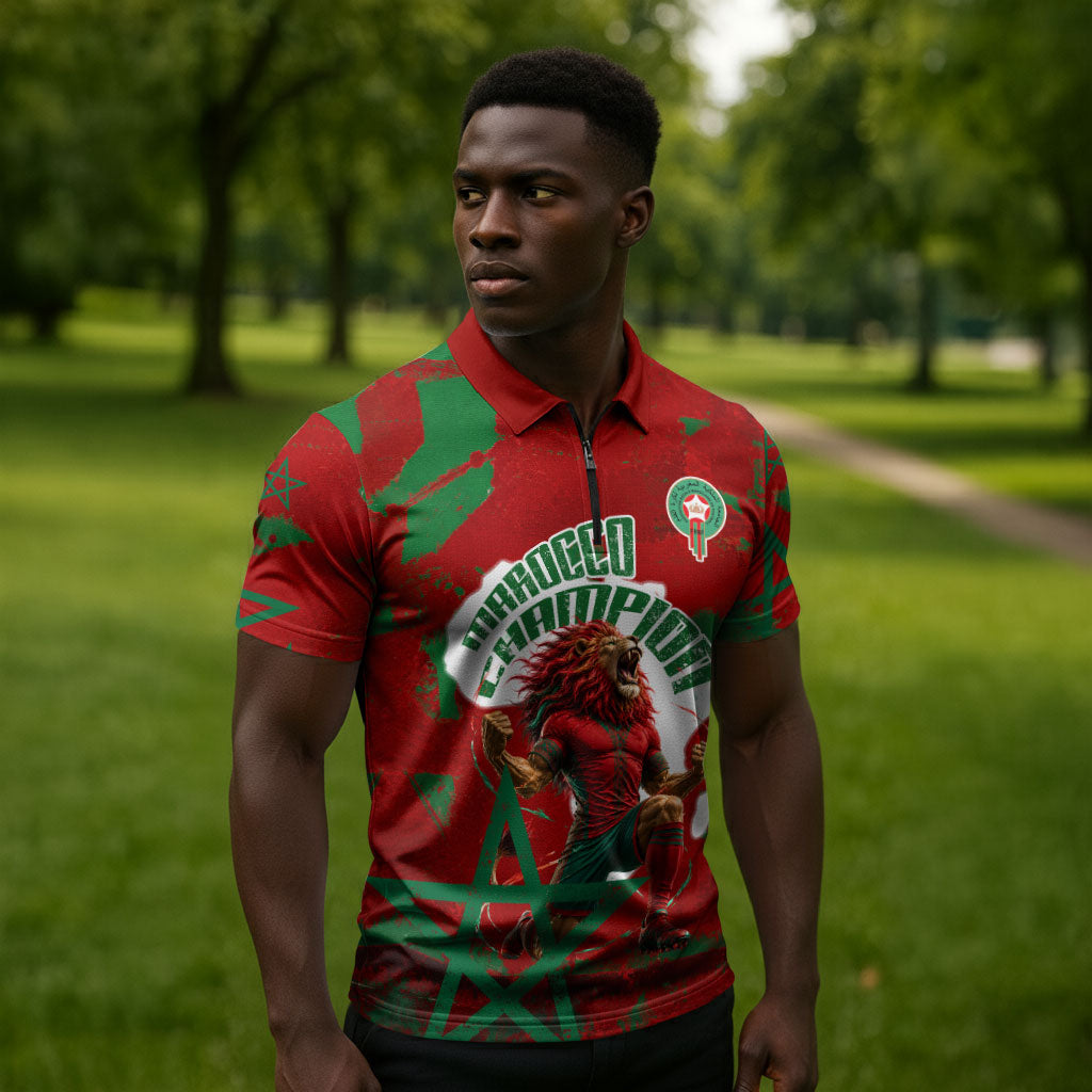 Personalized Morocco Football Zipper Polo Shirt Atlas Lion Grunge Star Mascot