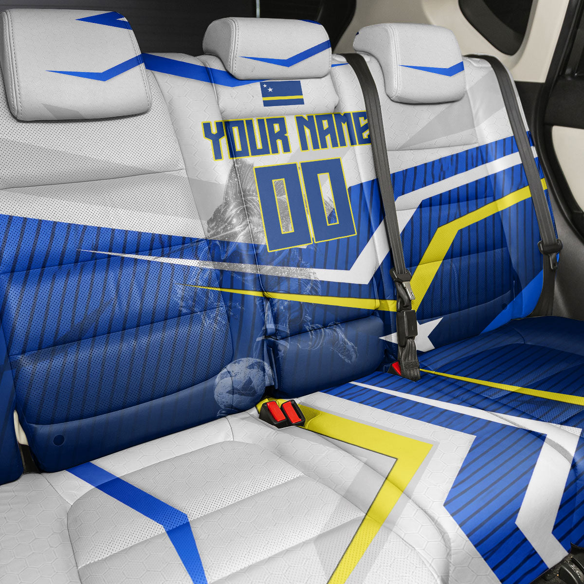 Personalized Curacao Football Marlin Mascot Back Car Seat Cover Caribbean Flag Colors Geometric Blue