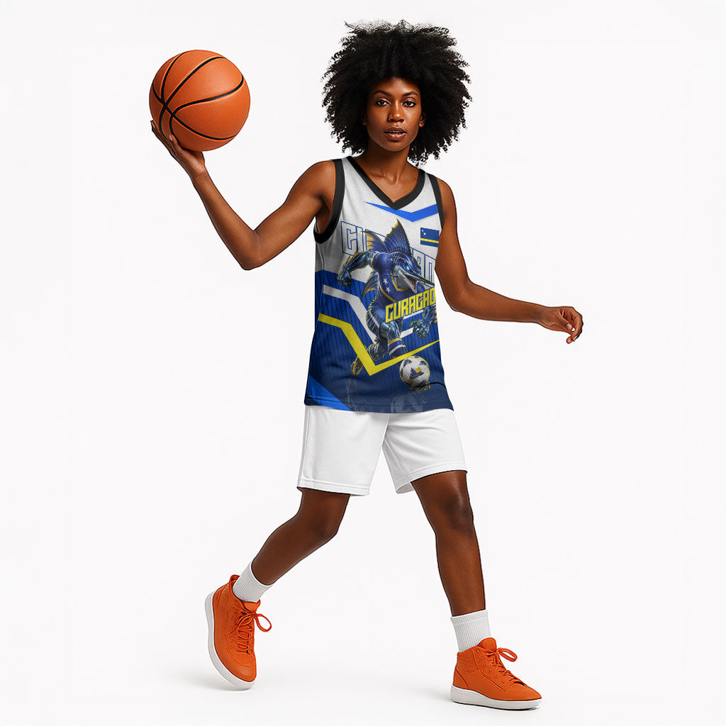 Personalized Curacao Football Marlin Mascot Basketball Jersey Caribbean Flag Colors Geometric Blue