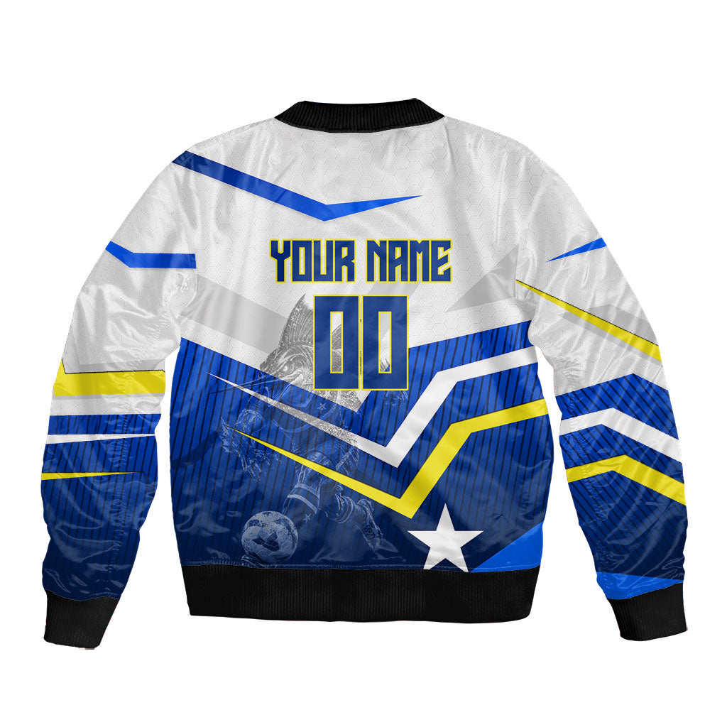 Personalized Curacao Football Marlin Mascot Bomber Jacket Caribbean Flag Colors Geometric Blue