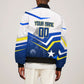 Personalized Curacao Football Marlin Mascot Bomber Jacket Caribbean Flag Colors Geometric Blue