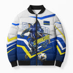 Personalized Curacao Football Marlin Mascot Bomber Puffer Jacket Caribbean Flag Colors Geometric Blue