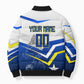 Personalized Curacao Football Marlin Mascot Bomber Puffer Jacket Caribbean Flag Colors Geometric Blue