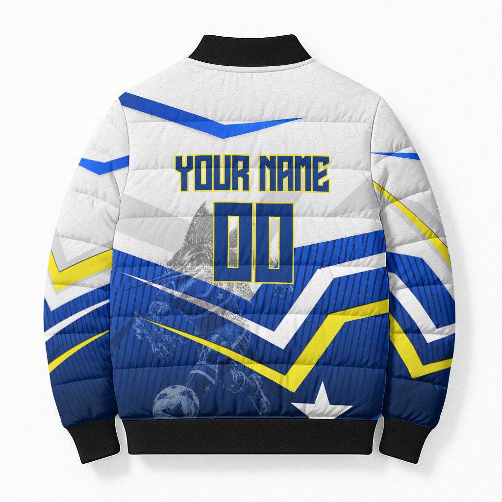 Personalized Curacao Football Marlin Mascot Bomber Puffer Jacket Caribbean Flag Colors Geometric Blue
