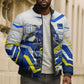 Personalized Curacao Football Marlin Mascot Bomber Puffer Jacket Caribbean Flag Colors Geometric Blue