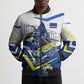 Personalized Curacao Football Marlin Mascot Bomber Puffer Jacket Caribbean Flag Colors Geometric Blue