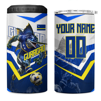 Personalized Curacao Football Marlin Mascot 4 in 1 Can Cooler Tumbler Caribbean Flag Colors Geometric Blue