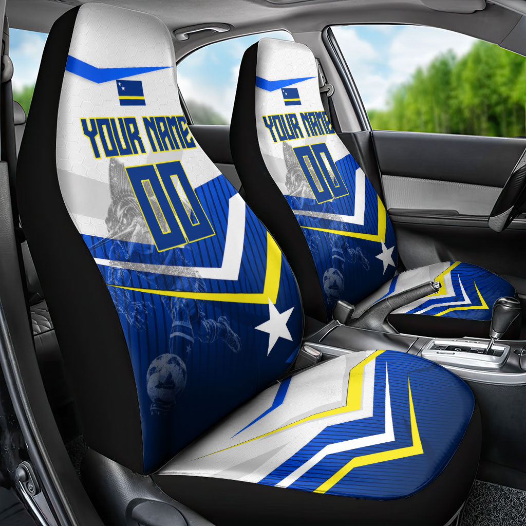 Personalized Curacao Football Marlin Mascot Car Seat Cover Caribbean Flag Colors Geometric Blue