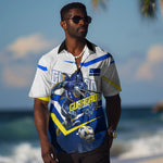 Personalized Curacao Football Marlin Mascot Hawaiian Shirt Caribbean Flag Colors Geometric Blue