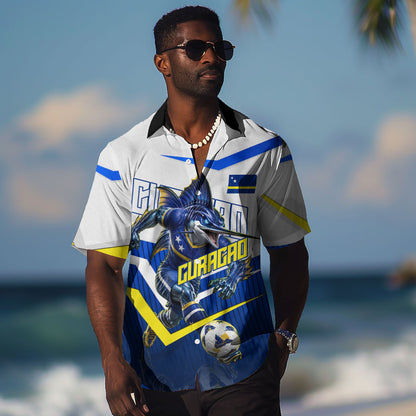 Personalized Curacao Football Marlin Mascot Hawaiian Shirt Caribbean Flag Colors Geometric Blue