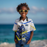 Personalized Curacao Football Marlin Mascot Kid Hawaiian Shirt Caribbean Flag Colors Geometric Blue
