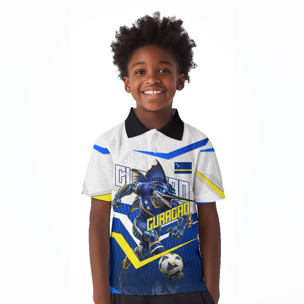 Personalized Curacao Football Marlin Mascot Kid Polo Shirt Caribbean Flag Colors Geometric Blue