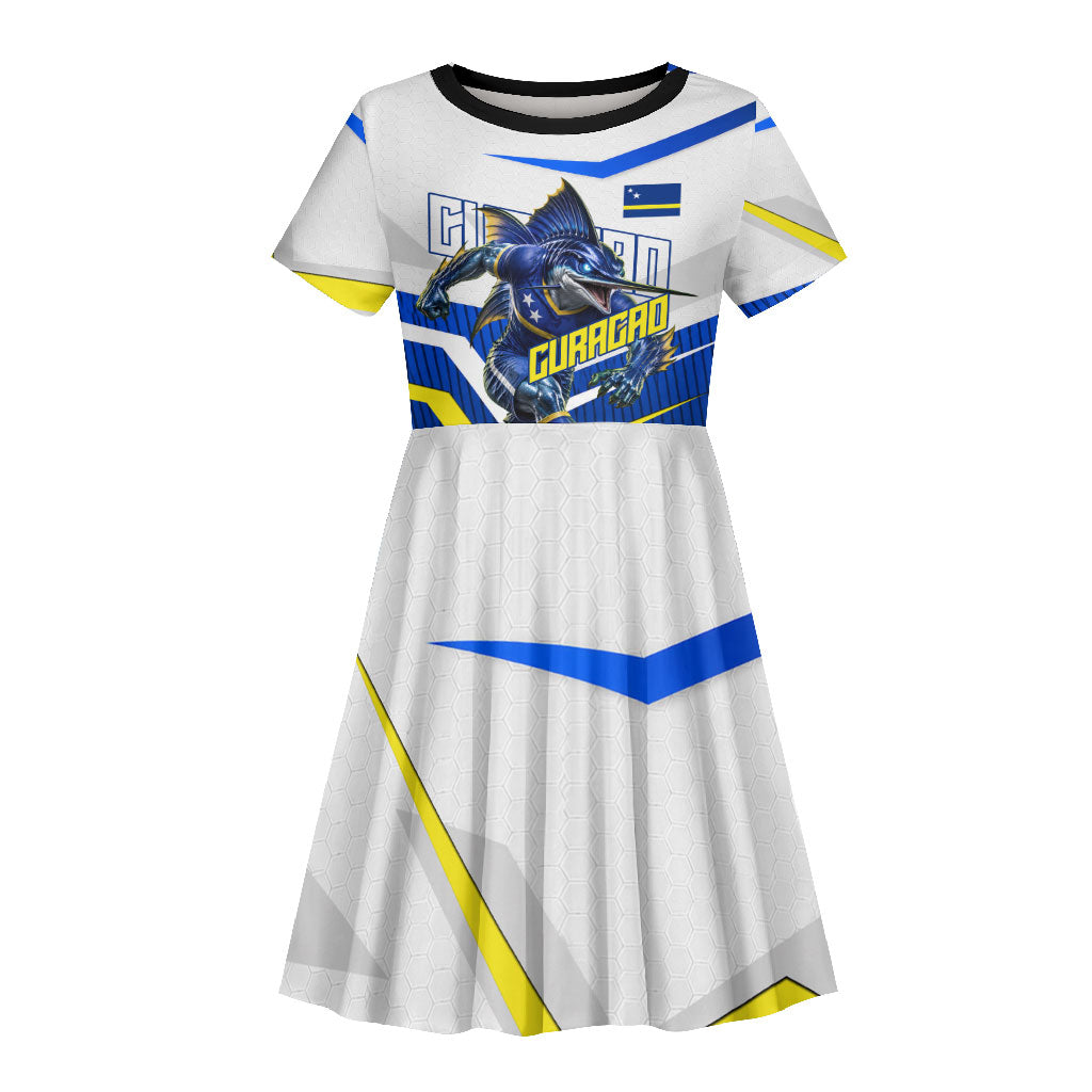 Personalized Curacao Football Marlin Mascot Kid Short Sleeve Dress Caribbean Flag Colors Geometric Blue
