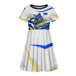Personalized Curacao Football Marlin Mascot Kid Short Sleeve Dress Caribbean Flag Colors Geometric Blue