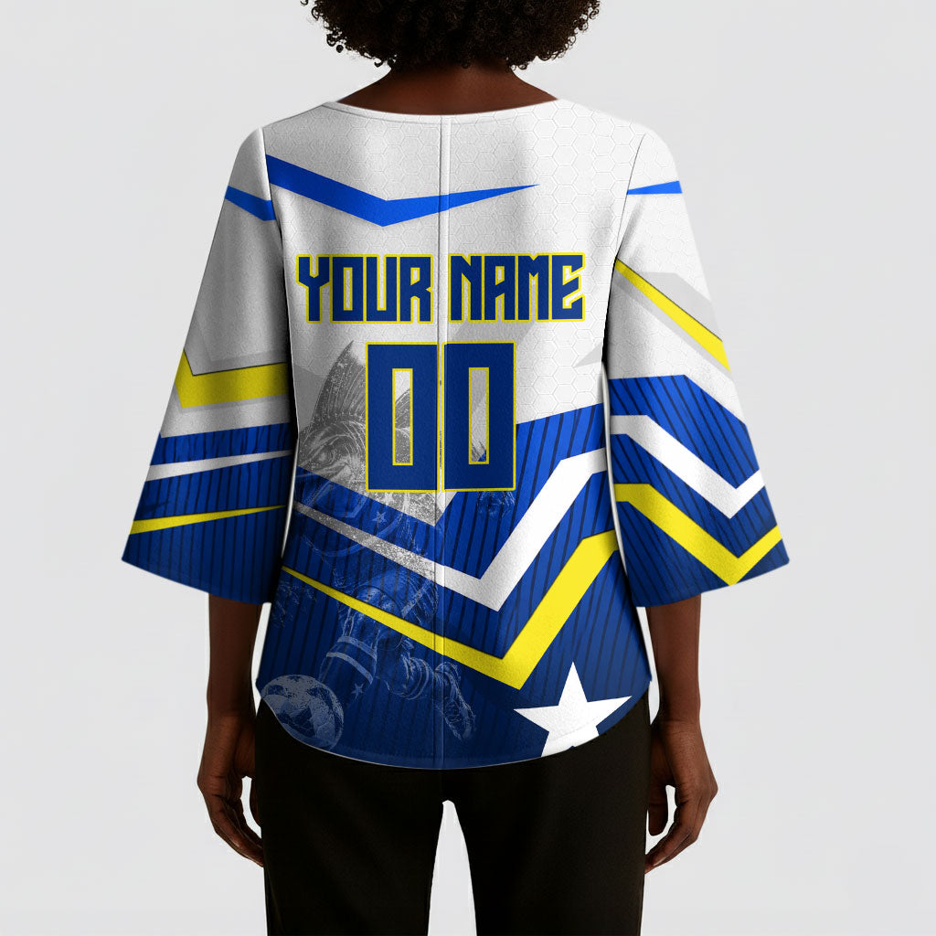 Personalized Curacao Football Marlin Mascot Kimono Sleeve Blouse Caribbean Flag Colors Geometric Blue