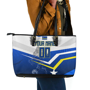 Personalized Curacao Football Marlin Mascot Leather Tote Bag Caribbean Flag Colors Geometric Blue