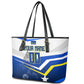 Personalized Curacao Football Marlin Mascot Leather Tote Bag Caribbean Flag Colors Geometric Blue