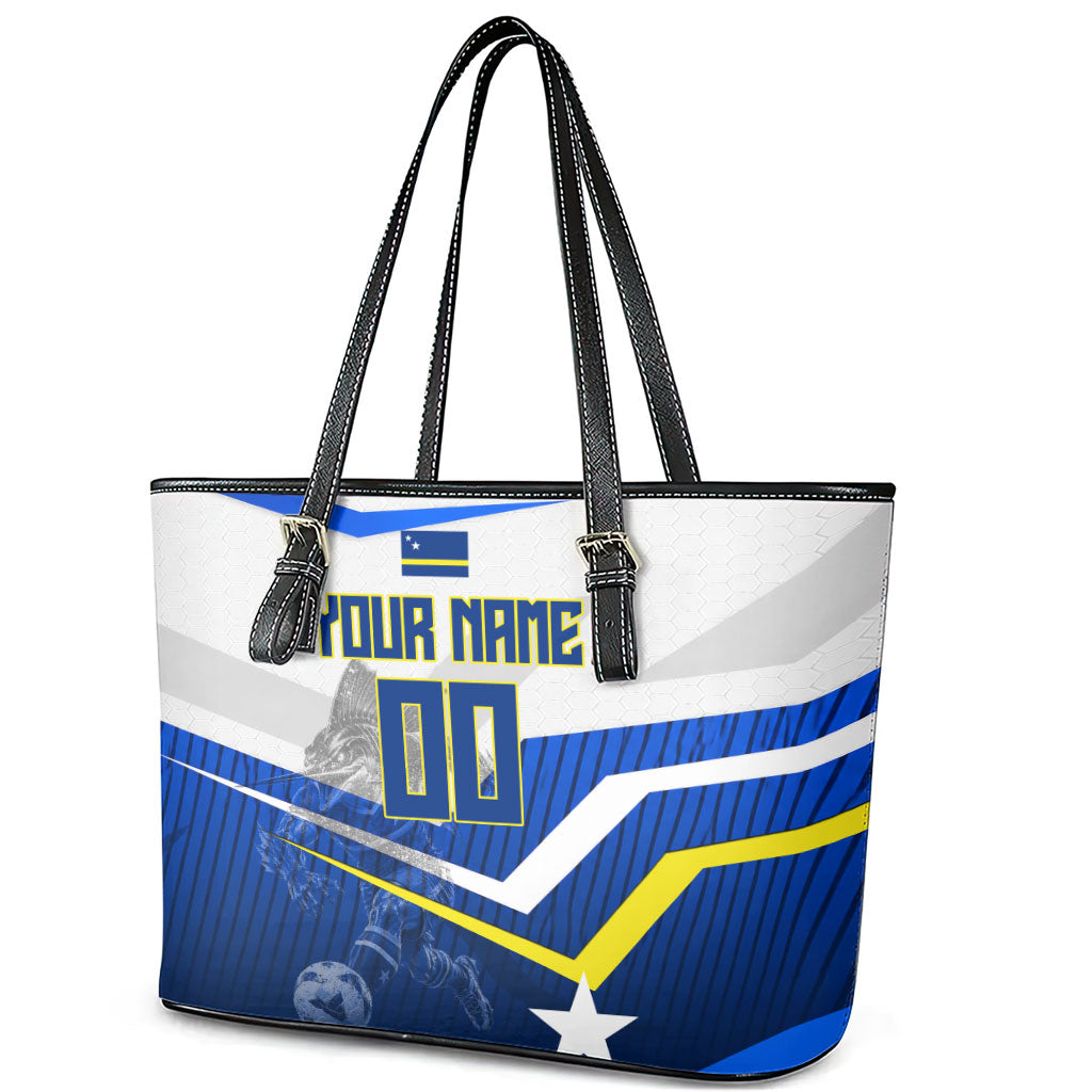 Personalized Curacao Football Marlin Mascot Leather Tote Bag Caribbean Flag Colors Geometric Blue