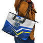 Personalized Curacao Football Marlin Mascot Leather Tote Bag Caribbean Flag Colors Geometric Blue