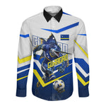 Personalized Curacao Football Marlin Mascot Long Sleeve Button Shirt Caribbean Flag Colors Geometric Blue