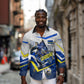 Personalized Curacao Football Marlin Mascot Long Sleeve Button Shirt Caribbean Flag Colors Geometric Blue