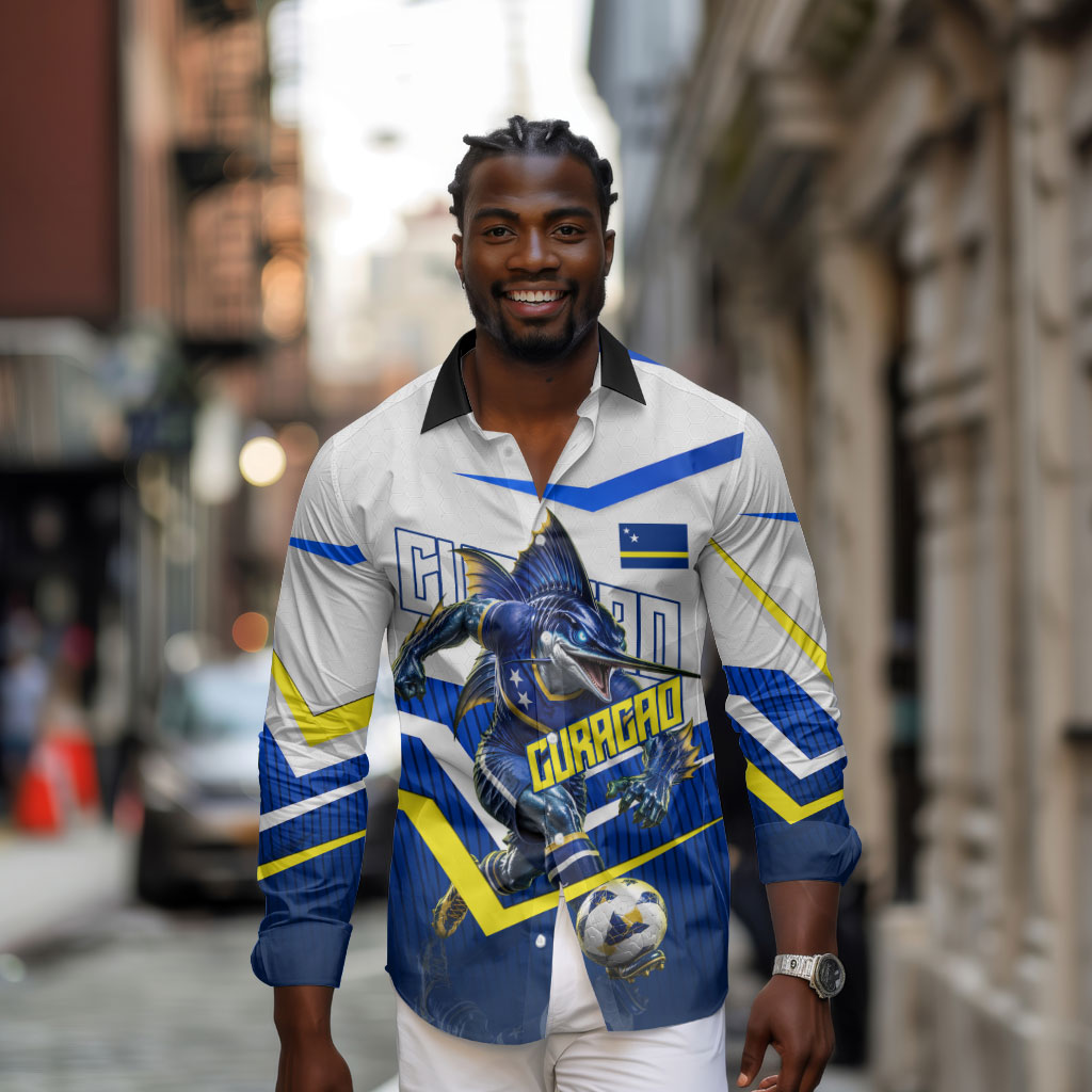 Personalized Curacao Football Marlin Mascot Long Sleeve Button Shirt Caribbean Flag Colors Geometric Blue