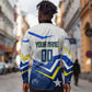 Personalized Curacao Football Marlin Mascot Long Sleeve Button Shirt Caribbean Flag Colors Geometric Blue