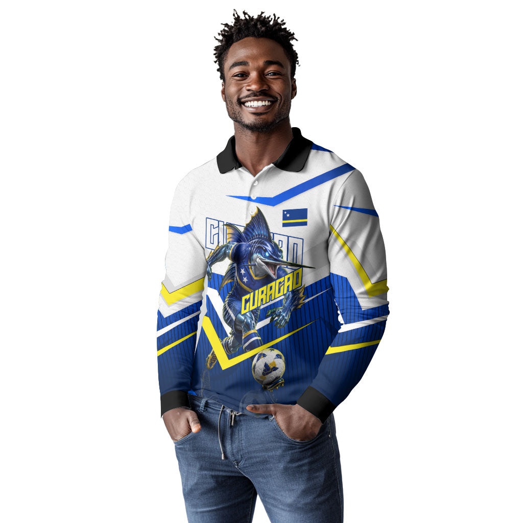 Personalized Curacao Football Marlin Mascot Long Sleeve Polo Shirt Caribbean Flag Colors Geometric Blue