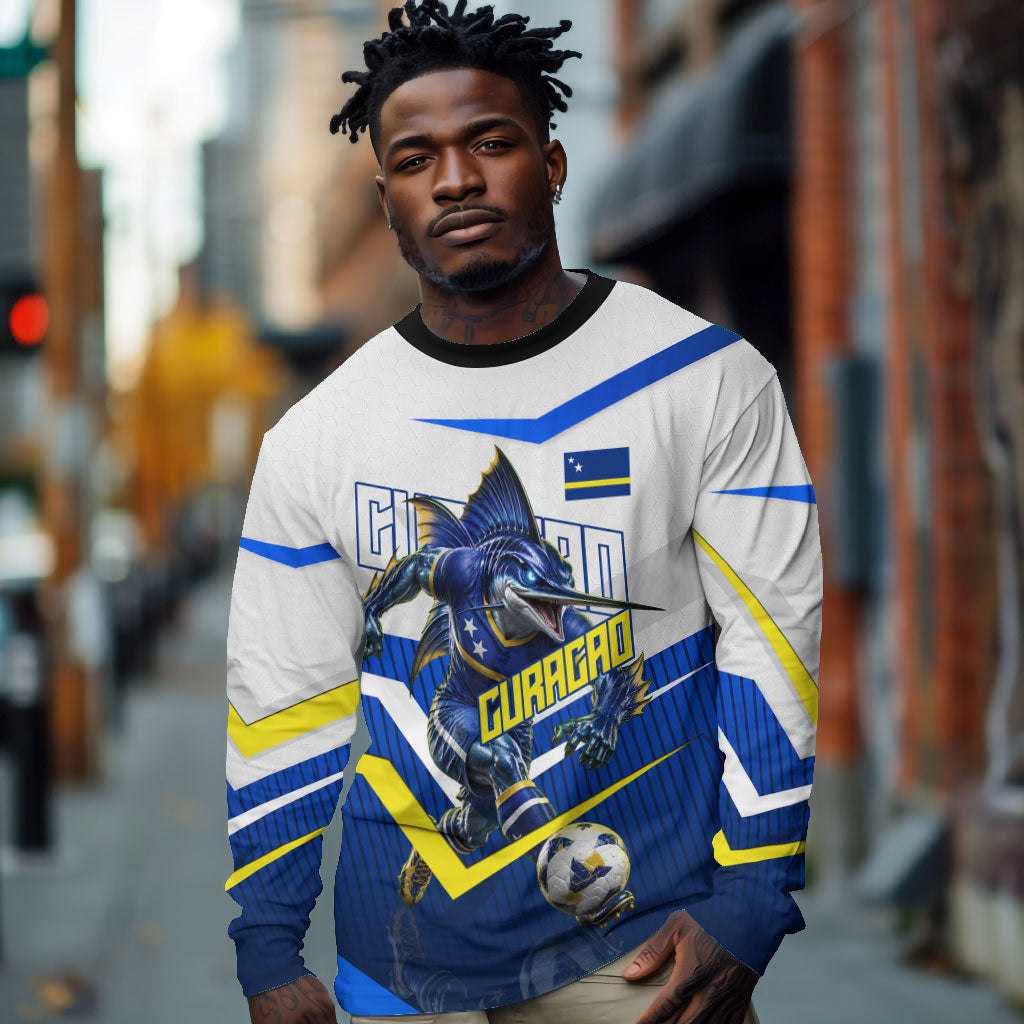 Personalized Curacao Football Marlin Mascot Long Sleeve Shirt Caribbean Flag Colors Geometric Blue