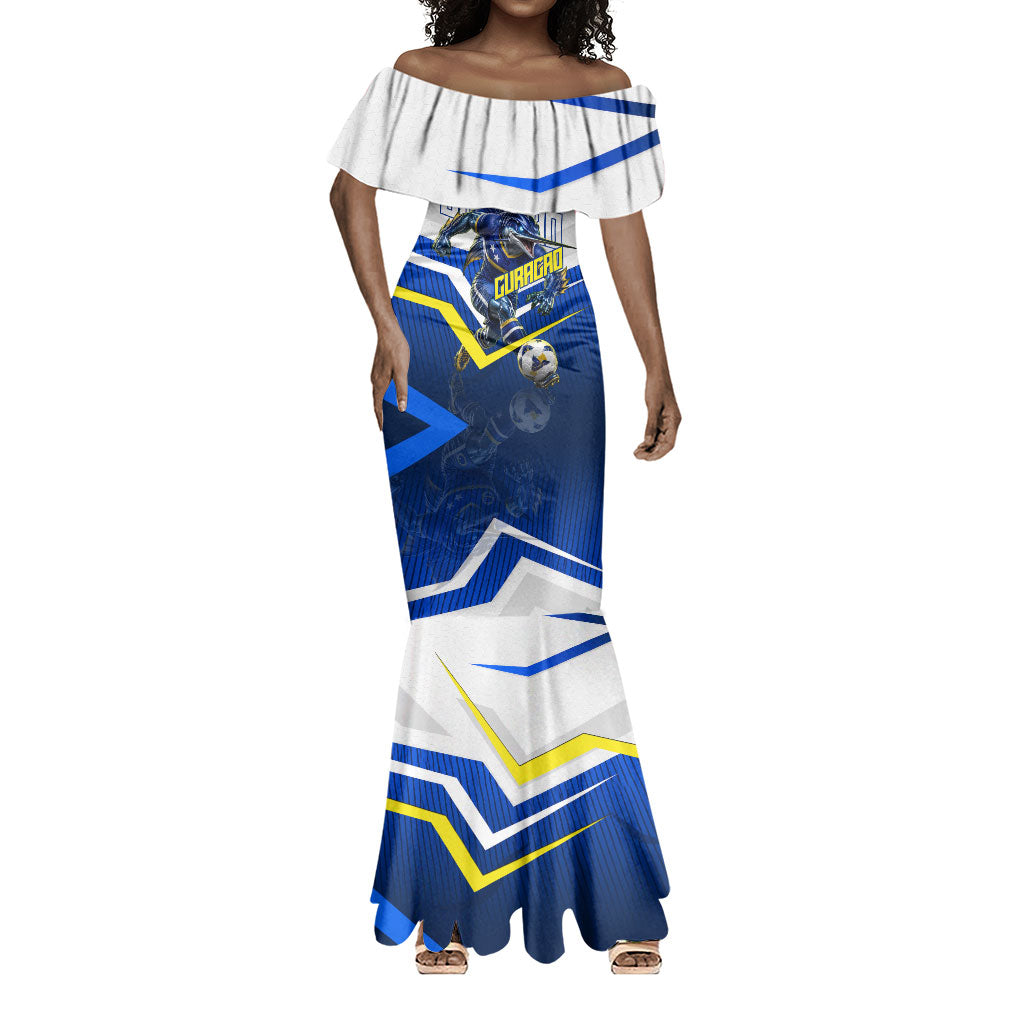Personalized Curacao Football Marlin Mascot Mermaid Dress Caribbean Flag Colors Geometric Blue