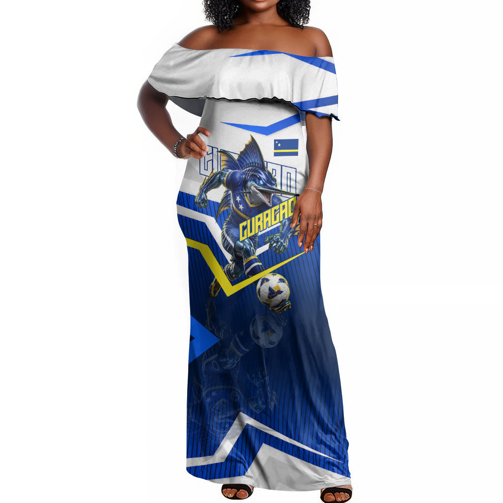 Personalized Curacao Football Marlin Mascot Off Shoulder Maxi Dress Caribbean Flag Colors Geometric Blue