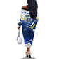 Personalized Curacao Football Marlin Mascot Off The Shoulder Long Sleeve Dress Caribbean Flag Colors Geometric Blue